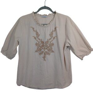 Cellabie Top Cream Embroidered Boho Short Sleeve Popover Blouse Womens XL